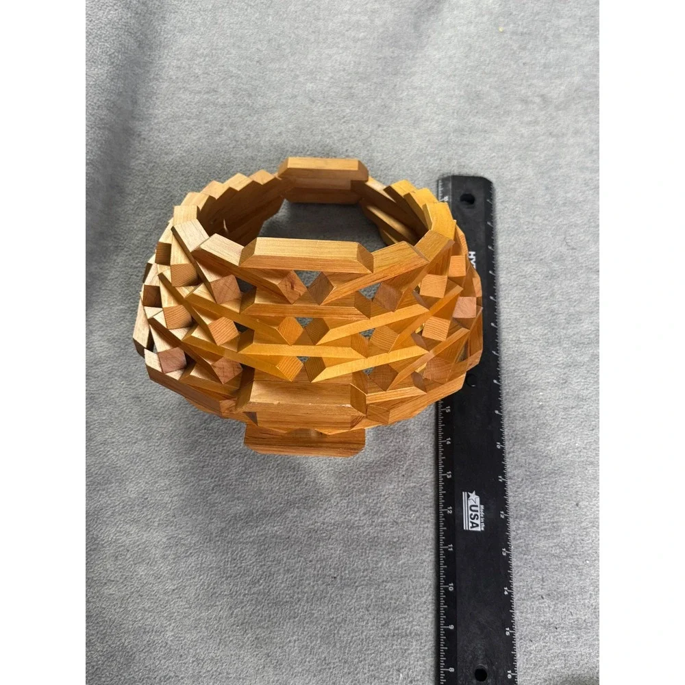 Vintage Geometric Collapsible Wooden Basket Interlocking Block Sculpture Bowl